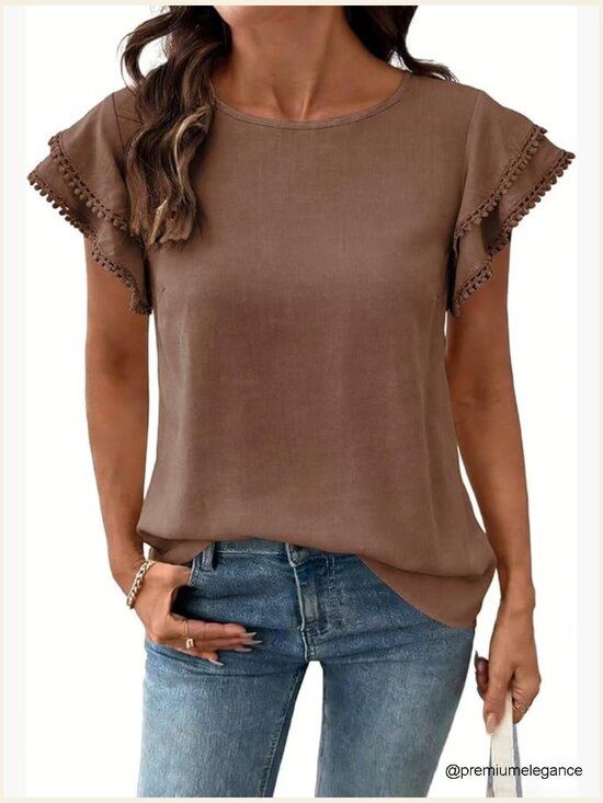Tops - Ruffle Cap Sleeve Blouse Tunic Top Summer Casual Crew Neck Button Down